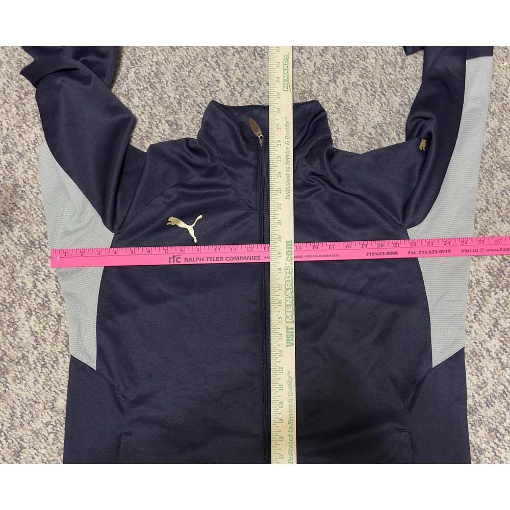 PUMA Mens Track Jacket L Long Sleeve Full Zip Navy Blue white stripe LARGE VTG - Picture 8 of 10
